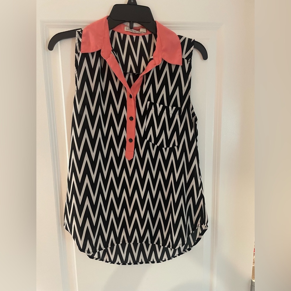 Liberty Love Black and White Chevron Top with Pink Trim